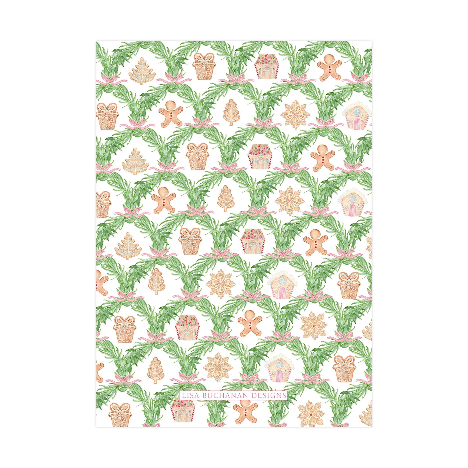 The image is a repeating pattern of Christmas-themed elements, including gingerbread men, pine trees, and presents, all set against a green background.