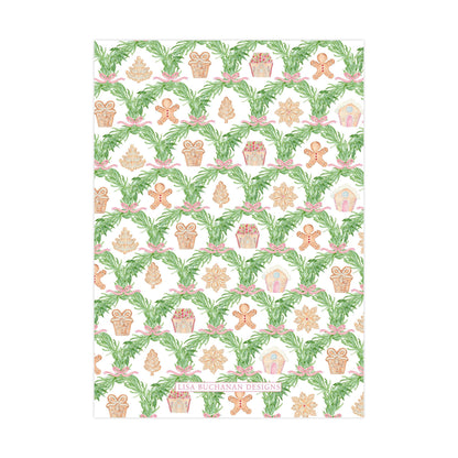 The image is a repeating pattern of Christmas-themed elements, including gingerbread men, pine trees, and presents, all set against a green background.