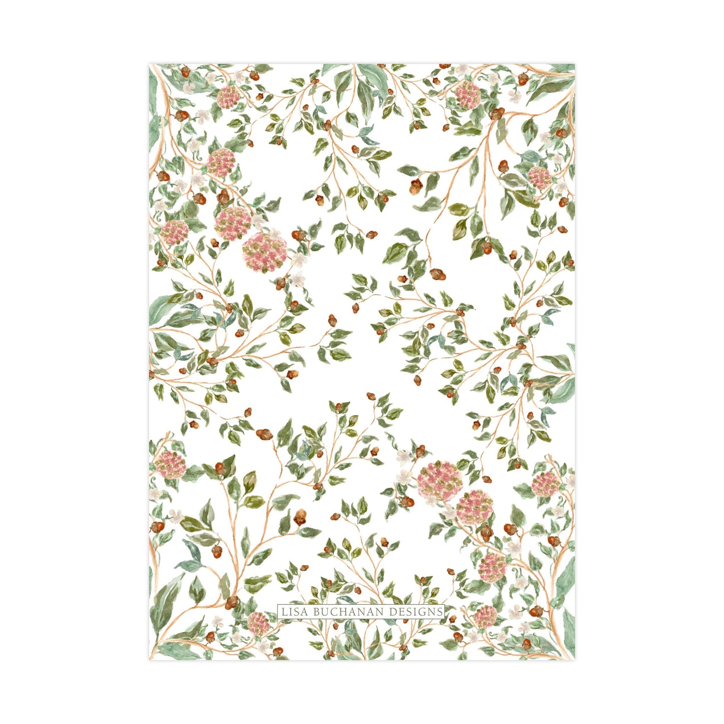 The image is a floral pattern with various green leaves and pink flowers arranged in a repeating design.