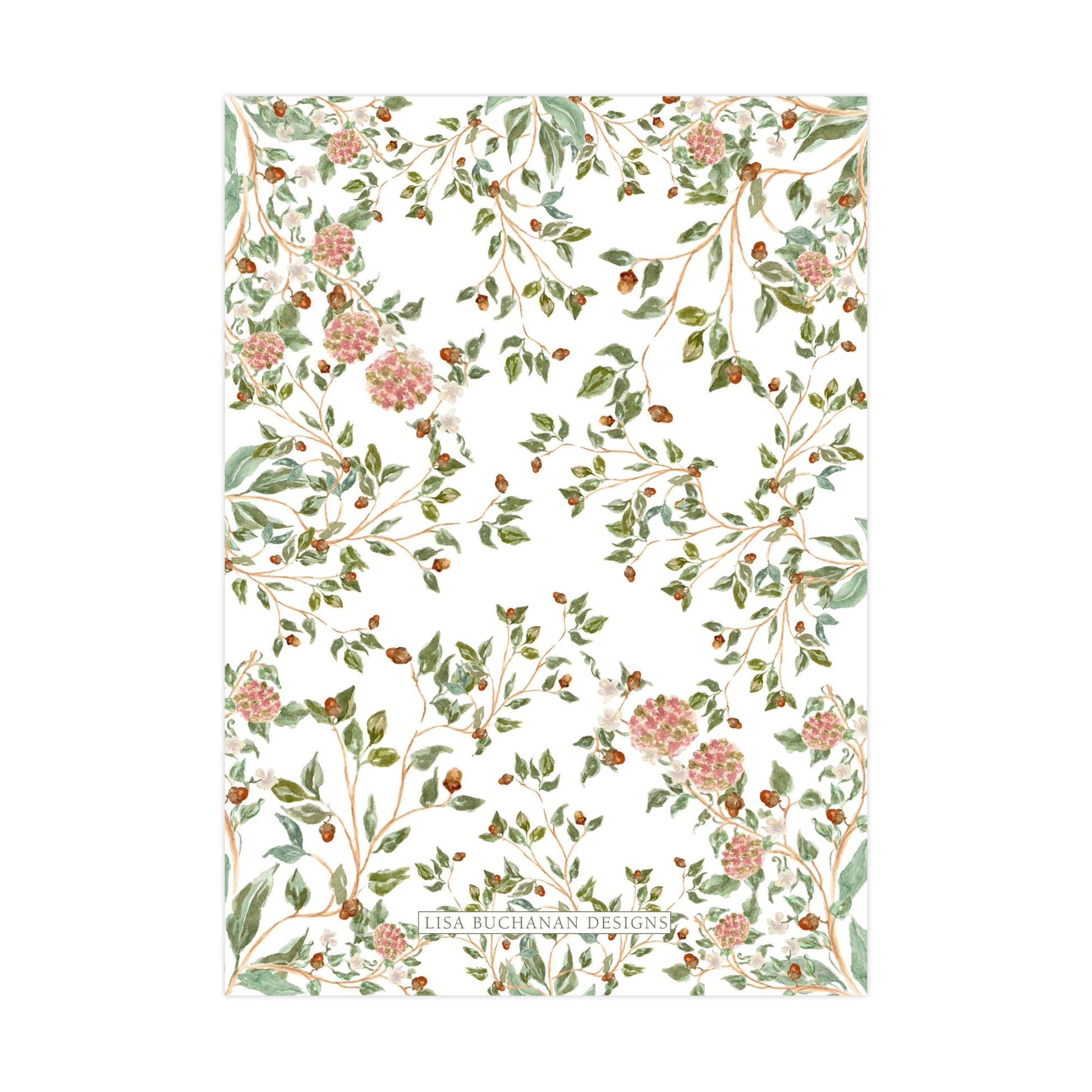 The image is a floral pattern with various green leaves and pink flowers arranged in a repeating design.