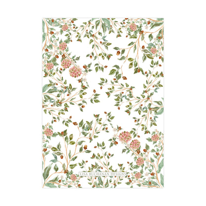 The image is a floral pattern with various green leaves and pink flowers arranged in a repeating design.