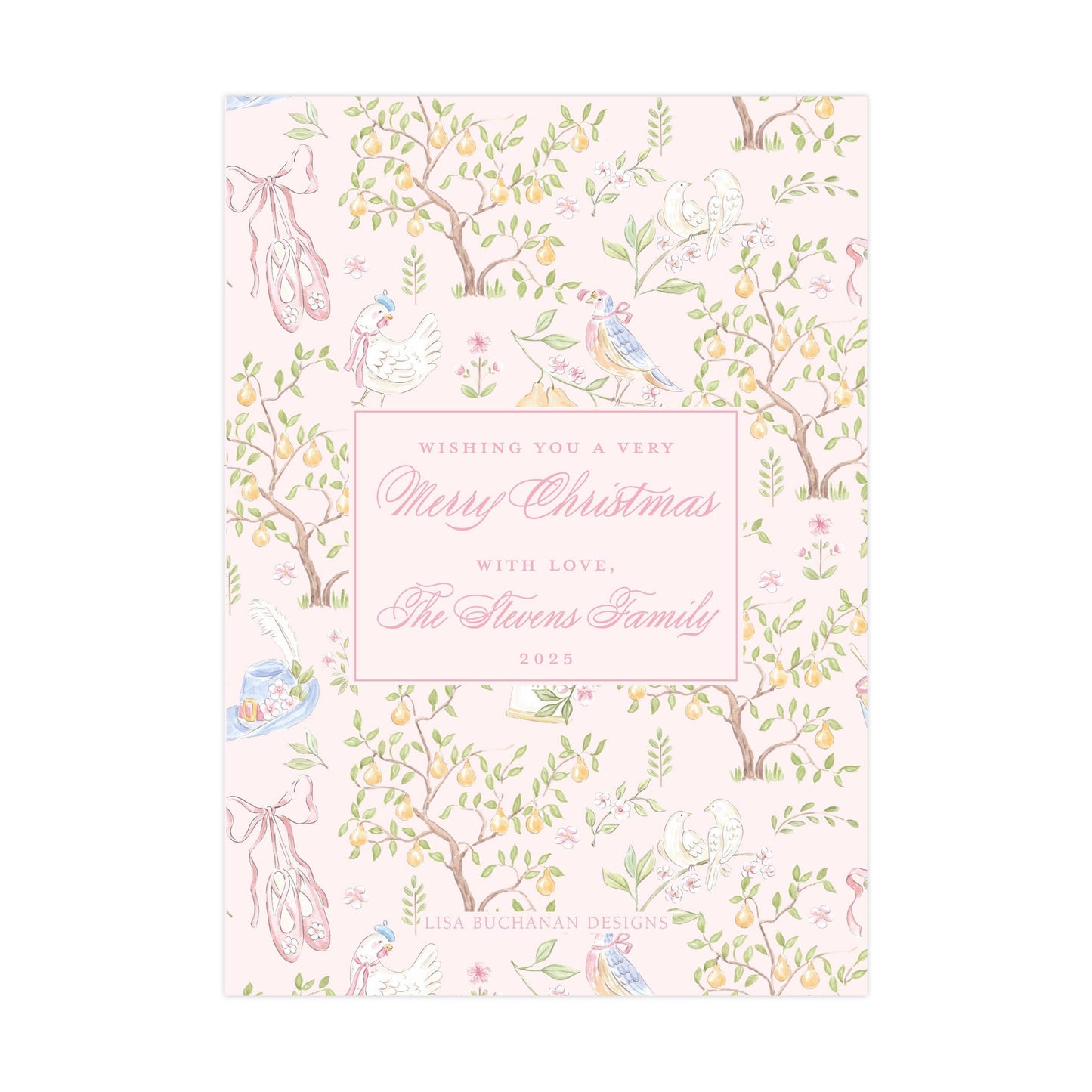 The image is a pink and white patterned greeting card featuring illustrations of birds, flowers, and trees. The card has a pink background with white text and illustrations, and it appears to be a personalized Christmas card with a family name and year.