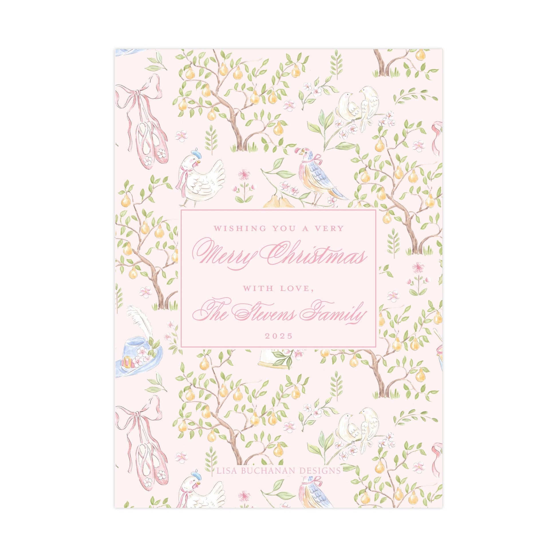 The image is a pink and white patterned greeting card featuring illustrations of birds, flowers, and trees. The card has a pink background with white text and illustrations, and it appears to be a personalized Christmas card with a family name and year.