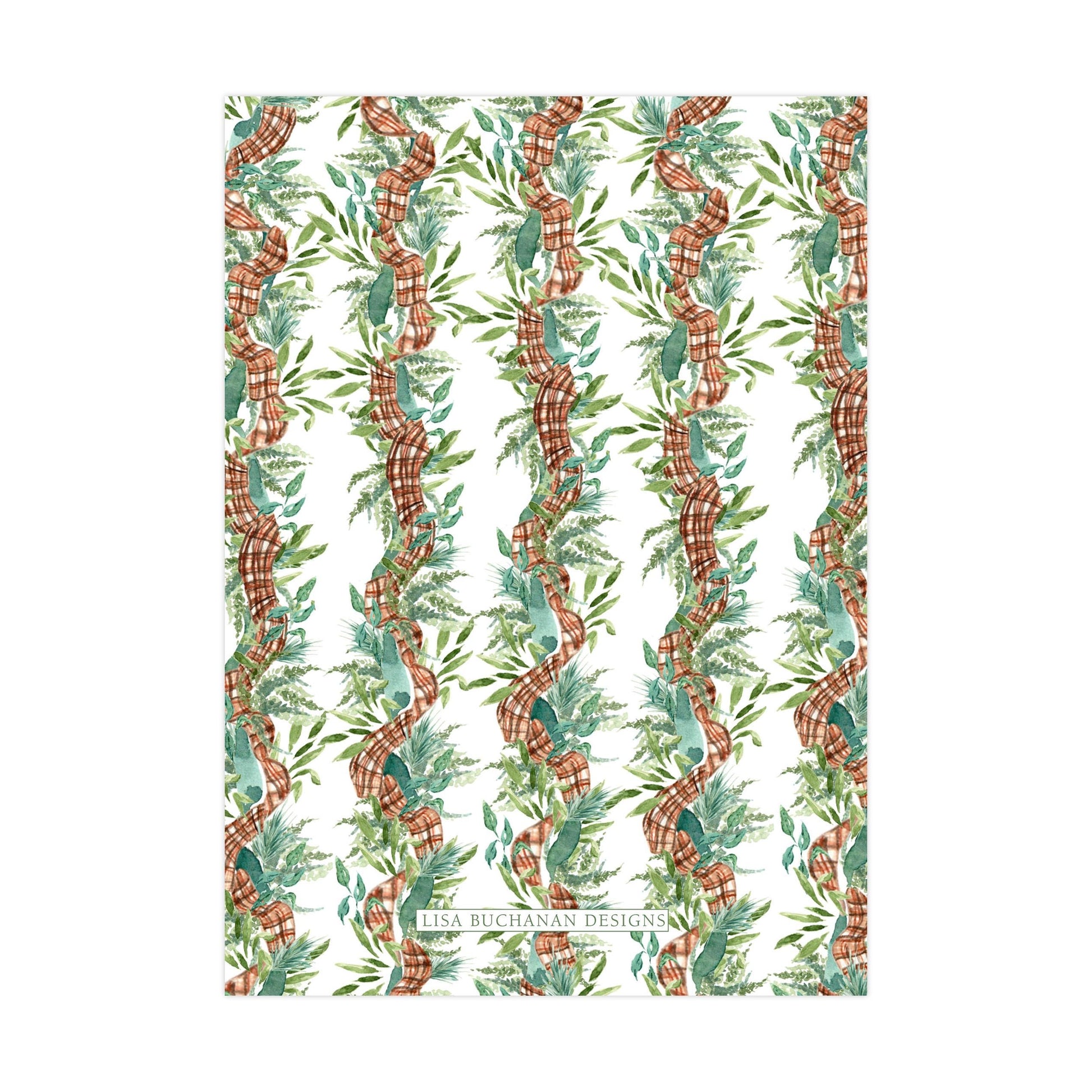 a repeating pattern of red and green plaid ribbons and green leaves, creating a visually appealing and textured design.