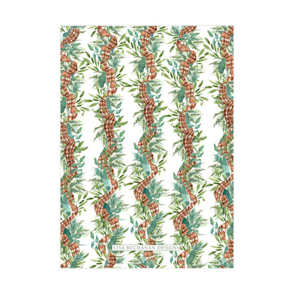 a repeating pattern of red and green plaid ribbons and green leaves, creating a visually appealing and textured design.