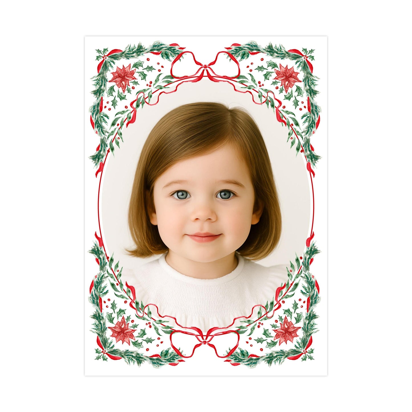 A young girl with brown hair and blue eyes is smiling at the camera, framed by a decorative border with red and green holly leaves and poinsettias.