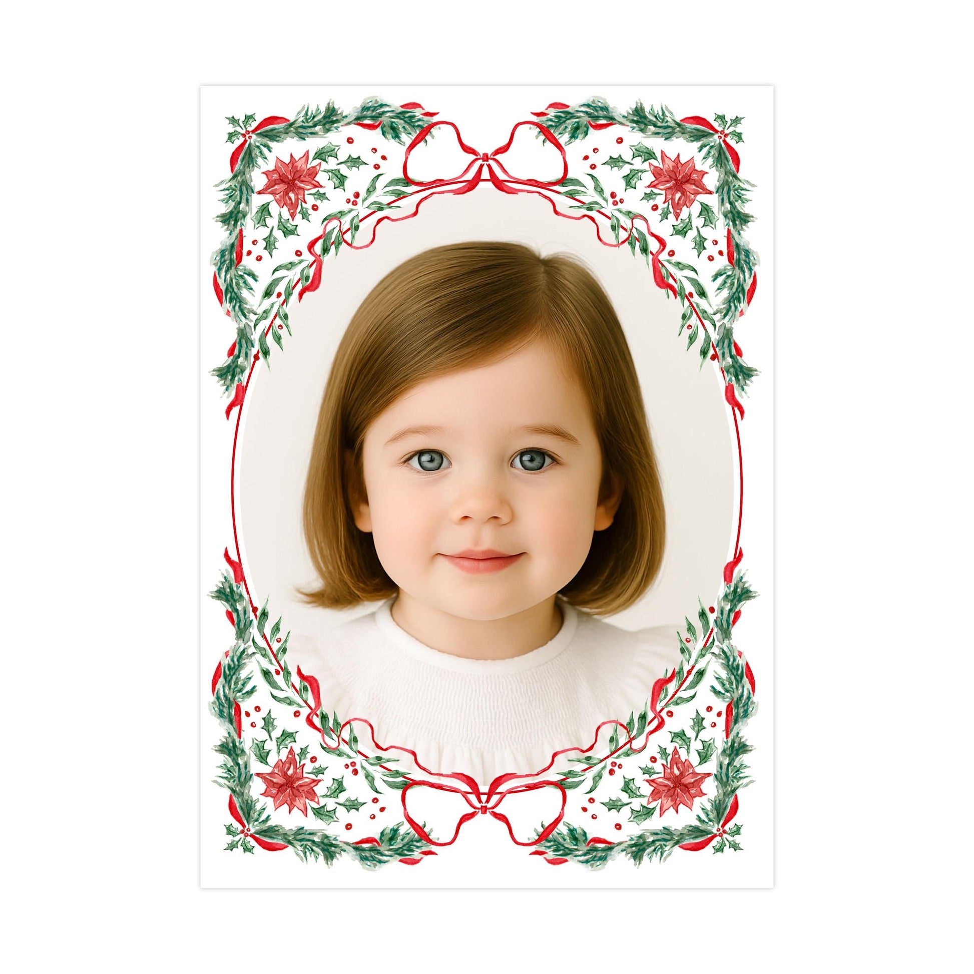 A young girl with brown hair and blue eyes is smiling at the camera, framed by a decorative border with red and green holly leaves and poinsettias.