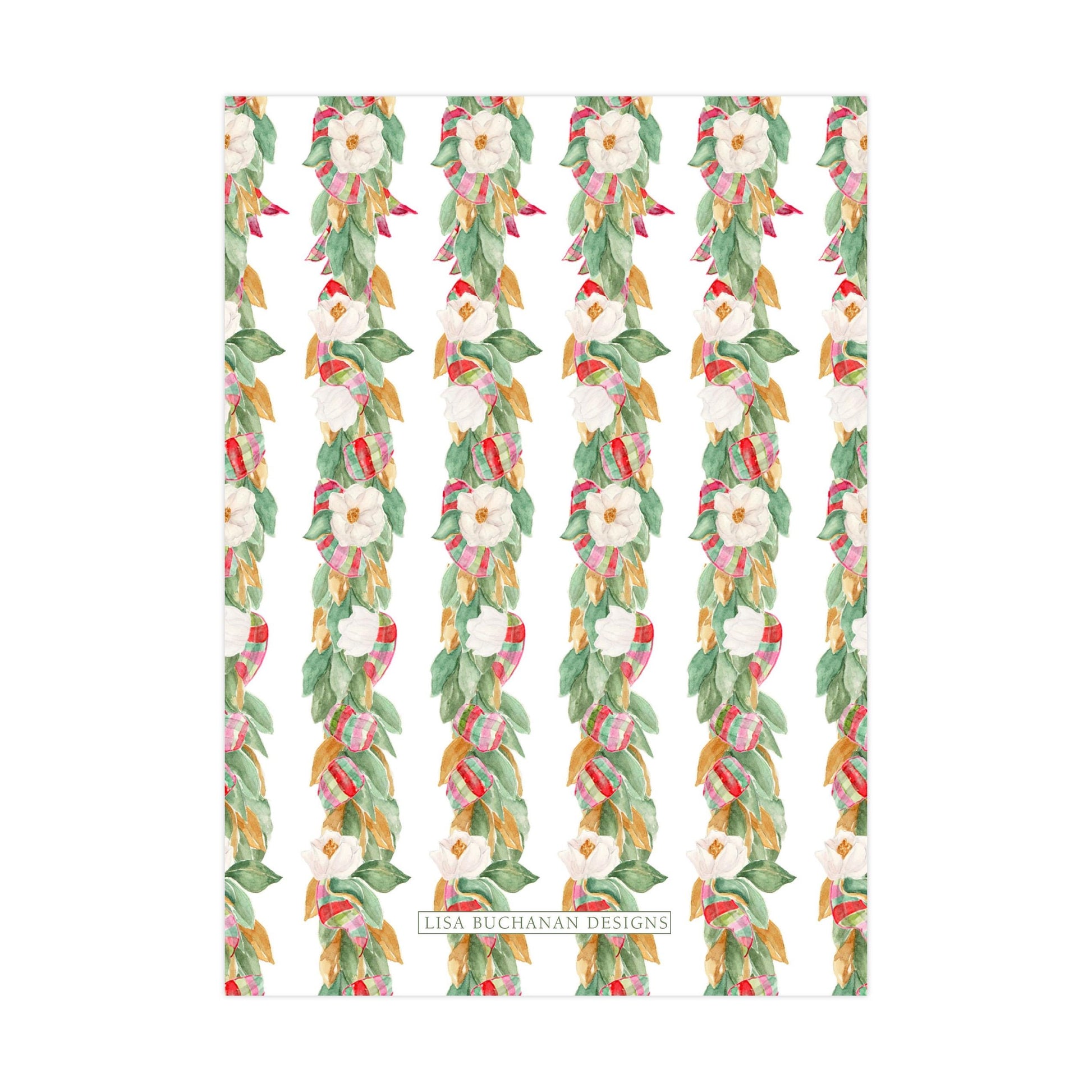 a repeating pattern of white flowers and green leaves on a white background.