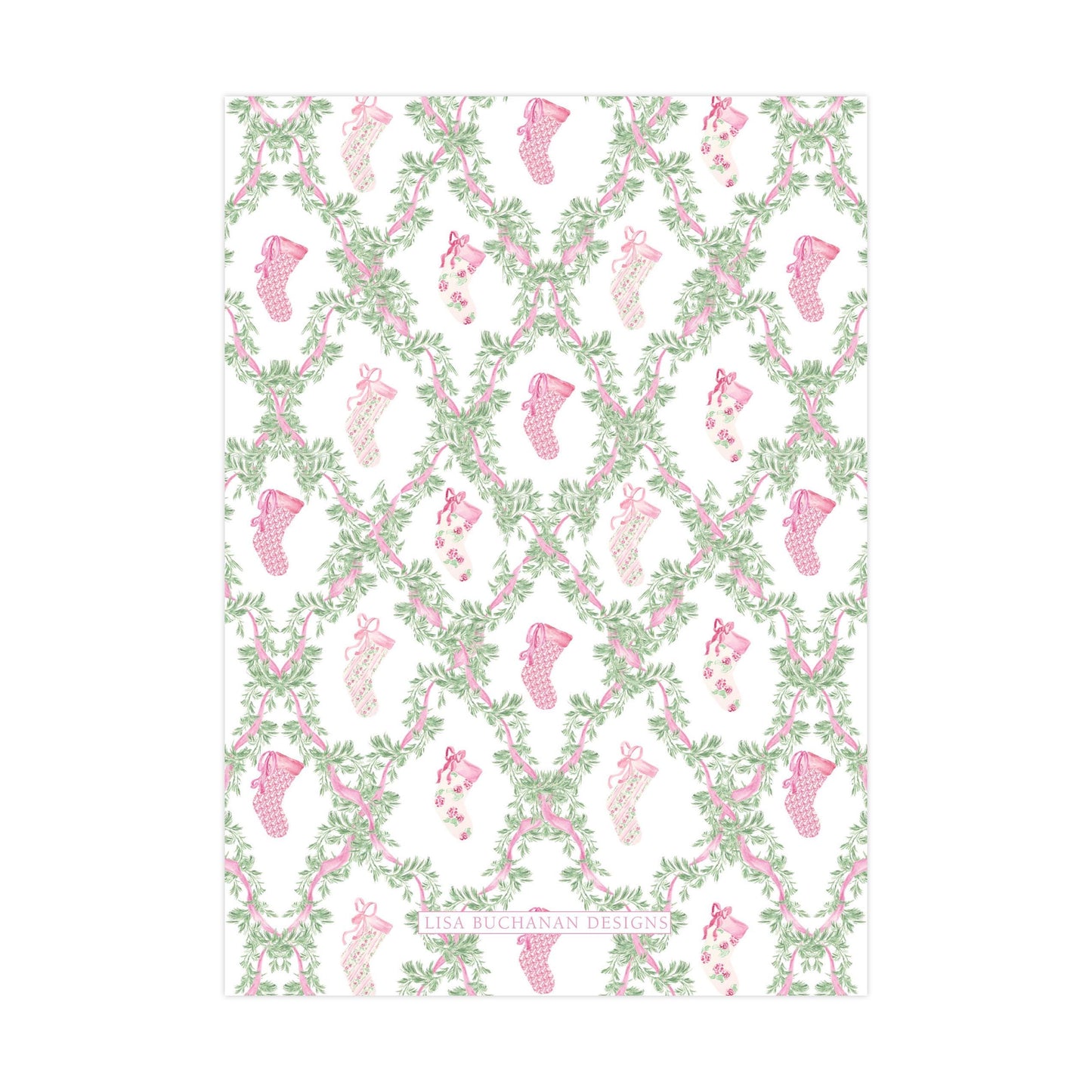 a repeating pattern of pink and green floral designs, including small pink and green socks, arranged in a grid-like pattern.