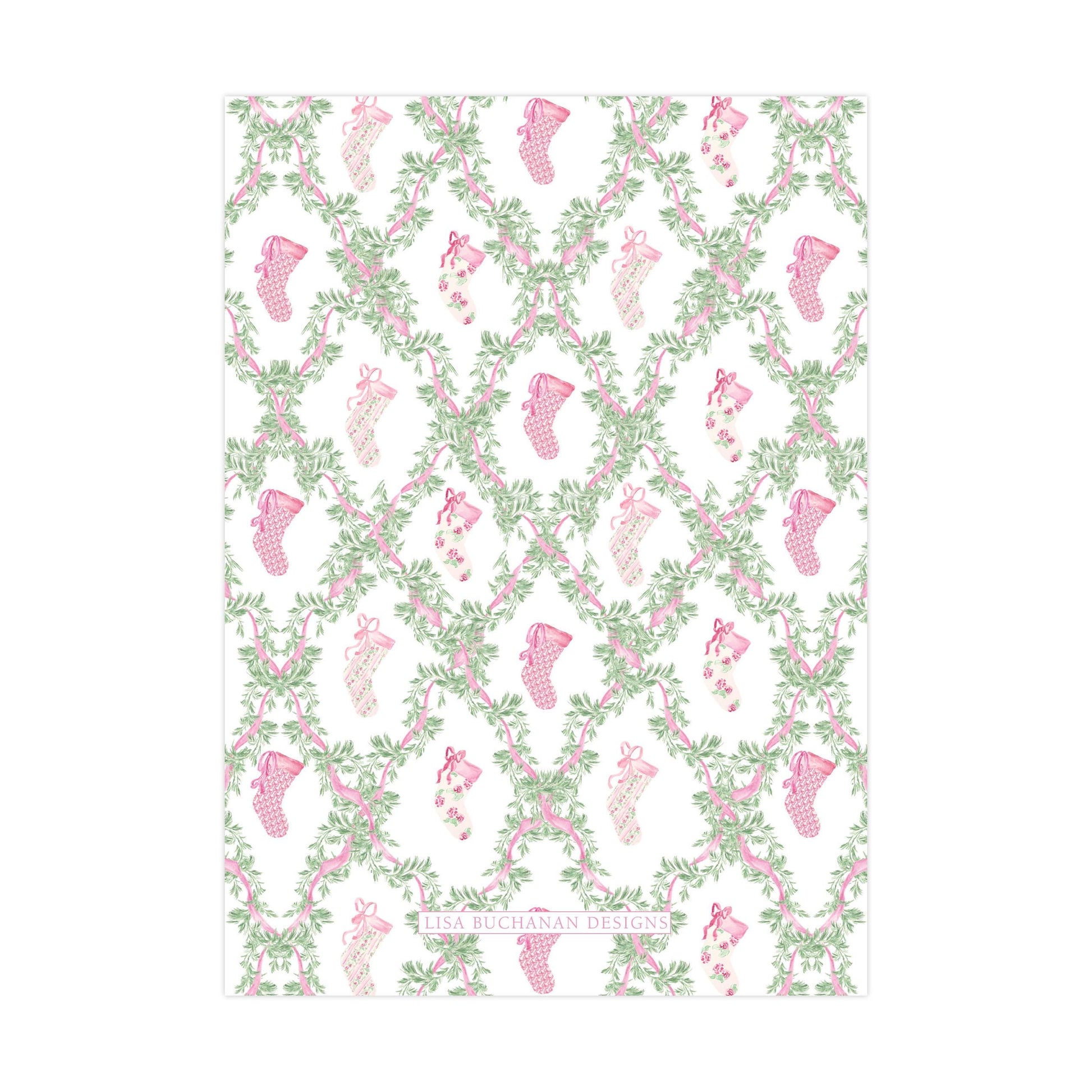 a repeating pattern of pink and green floral designs, including small pink and green socks, arranged in a grid-like pattern.