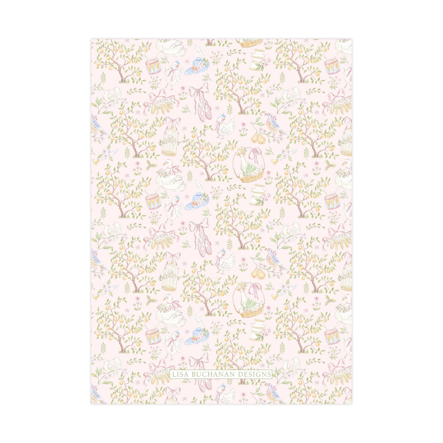 The image is a repeating pattern of various whimsical and nature-inspired illustrations, including birds, flowers, trees, and other elements, all set against a pink background.