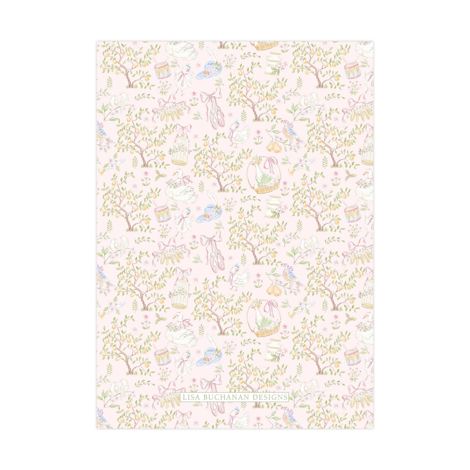 The image is a repeating pattern of various whimsical and nature-inspired illustrations, including birds, flowers, trees, and other elements, all set against a pink background.