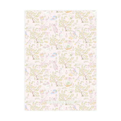 The image is a repeating pattern of various whimsical and nature-inspired illustrations, including birds, flowers, trees, and other elements, all set against a pink background.
