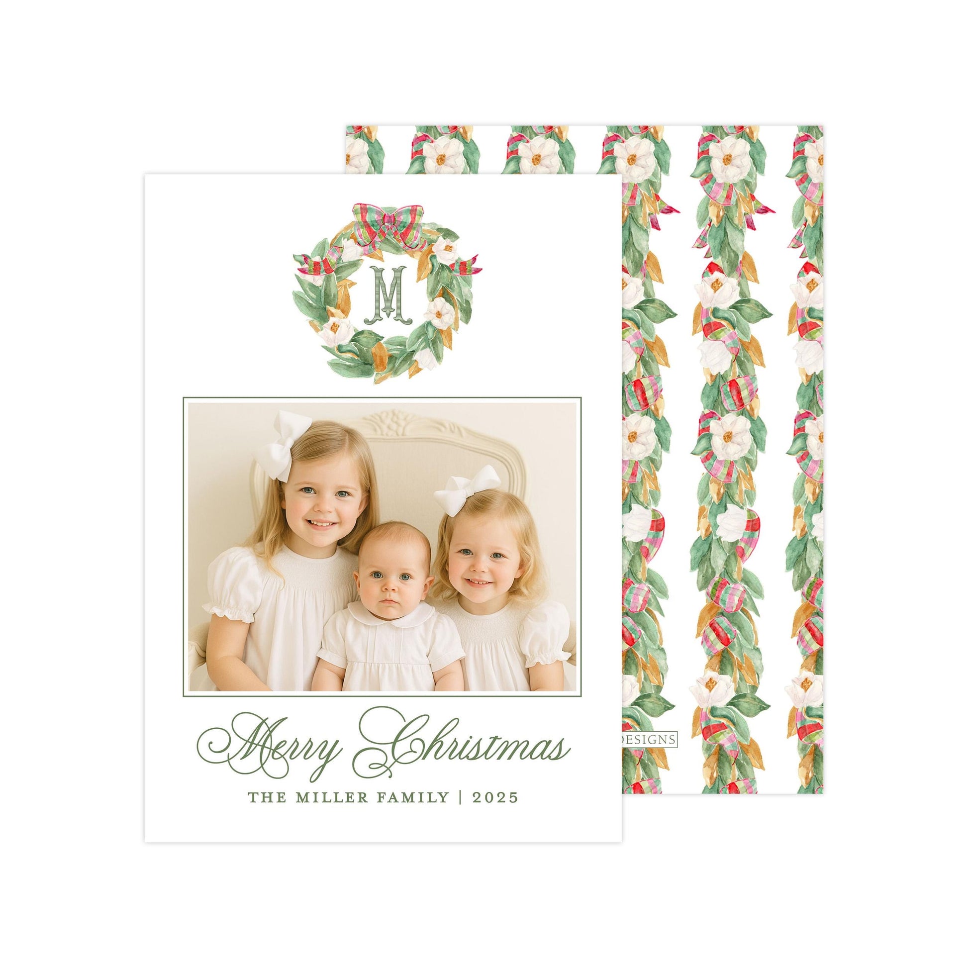 A family photo of three young girls, likely sisters, smiling and posing together. The photo is framed with a wreath design and the text &quot;Merry Christmas&quot; and &quot;The Miller Family | 2025&quot; is displayed below the photo.