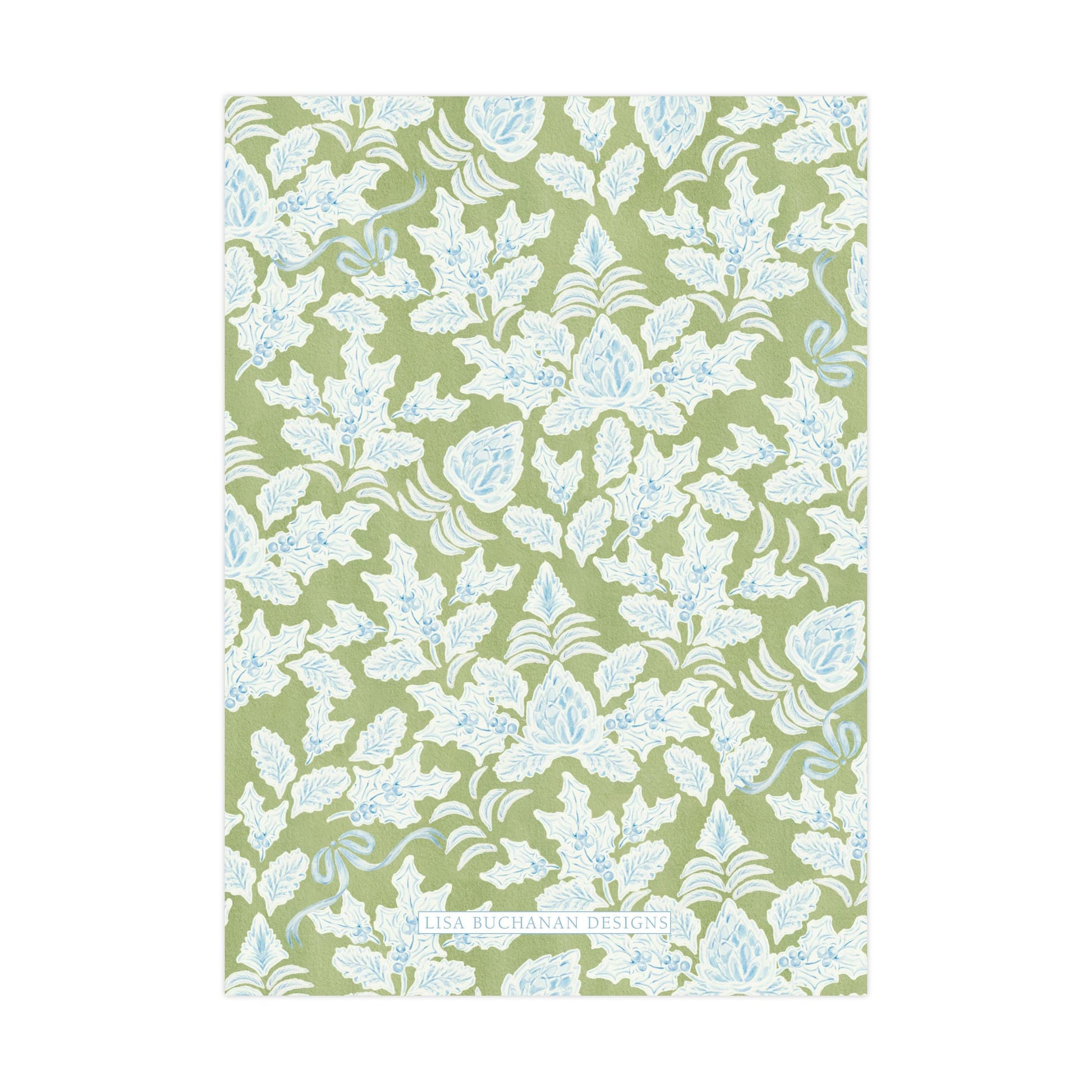 a repeating pattern of white leaves and flowers on a green background.