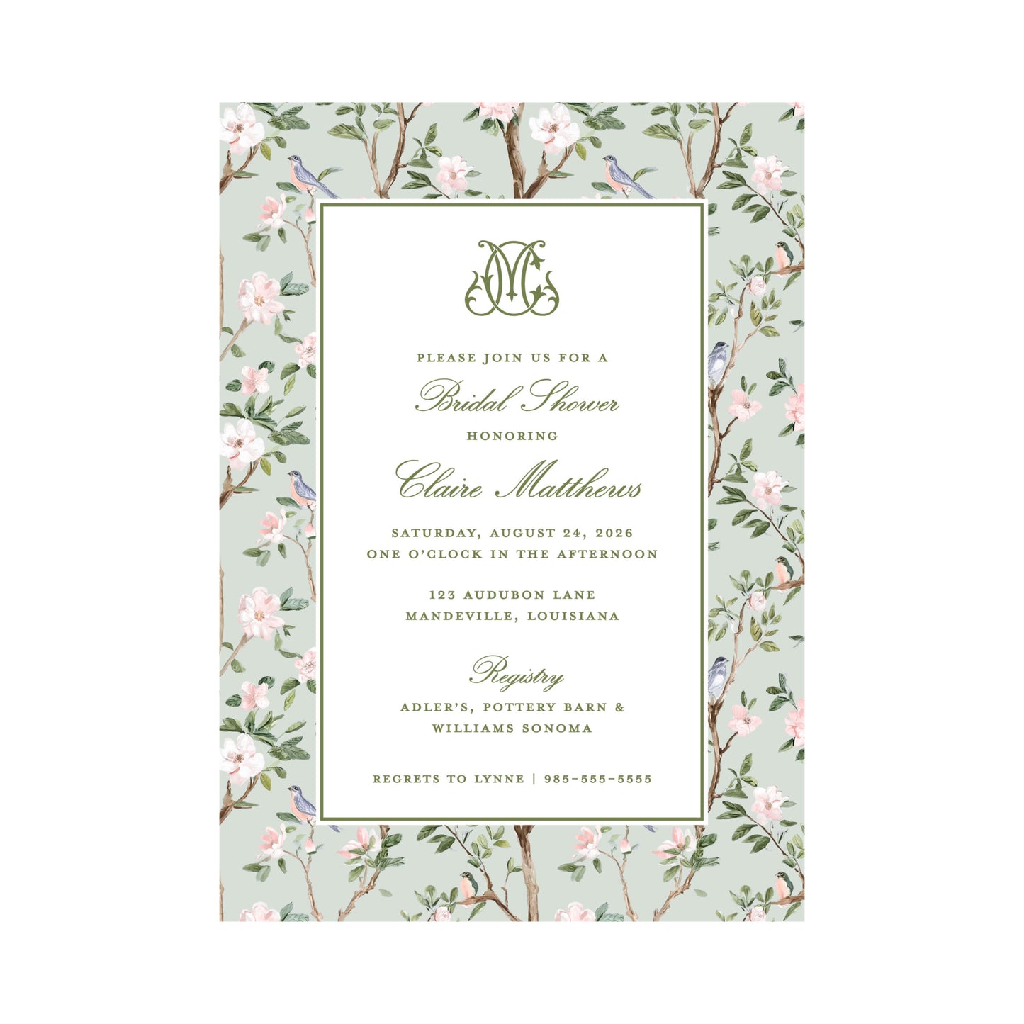 CHINOISERIE BIRDS (GREEN) | BRIDAL SHOWER INVITATIONS
