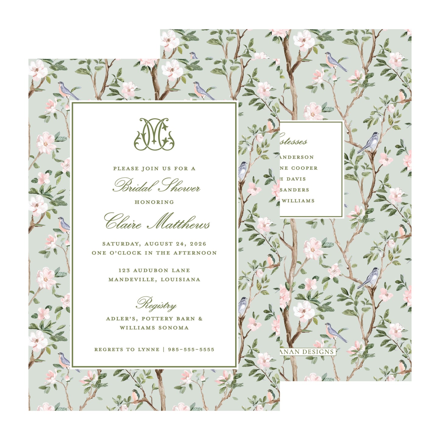 CHINOISERIE BIRDS (GREEN) | BRIDAL SHOWER INVITATIONS