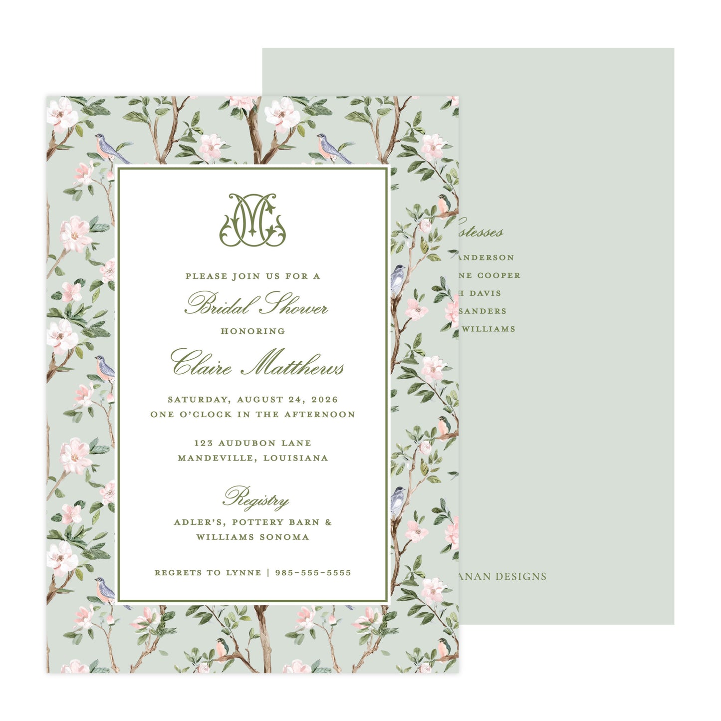 CHINOISERIE BIRDS (GREEN) | BRIDAL SHOWER INVITATIONS