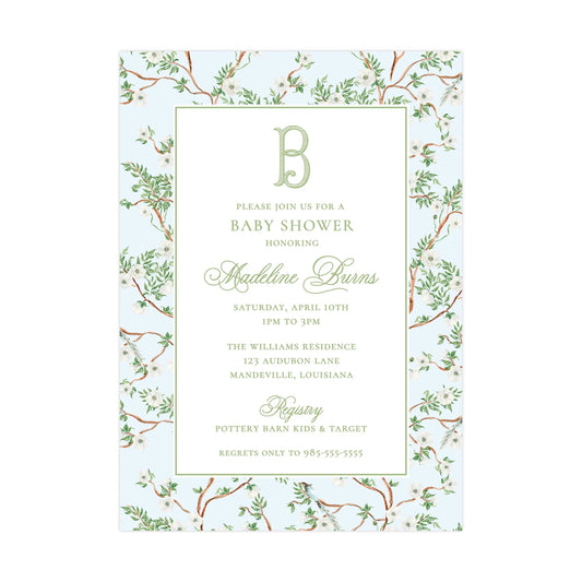 BLUE CHINOISERIE WITH ALL WHITE FLOWERS | BABY SHOWER INVITATION