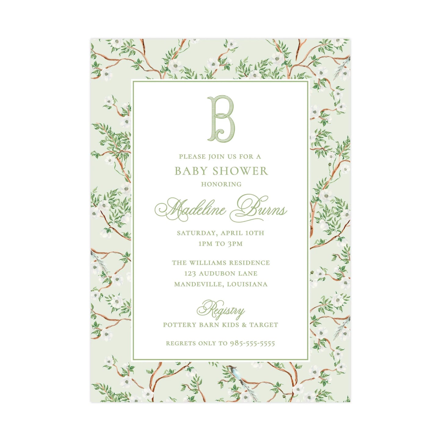 GREEN CHINOISERIE WITH ALL WHITE FLOWERS | BABY SHOWER INVITATION