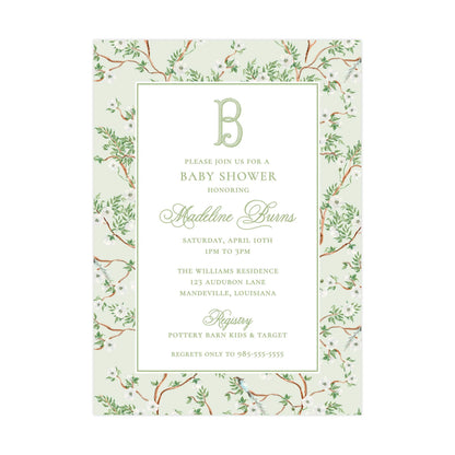 GREEN CHINOISERIE WITH ALL WHITE FLOWERS | BABY SHOWER INVITATION