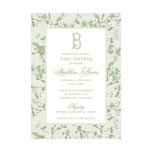 GREEN CHINOISERIE WITH ALL WHITE FLOWERS | BABY SHOWER INVITATION