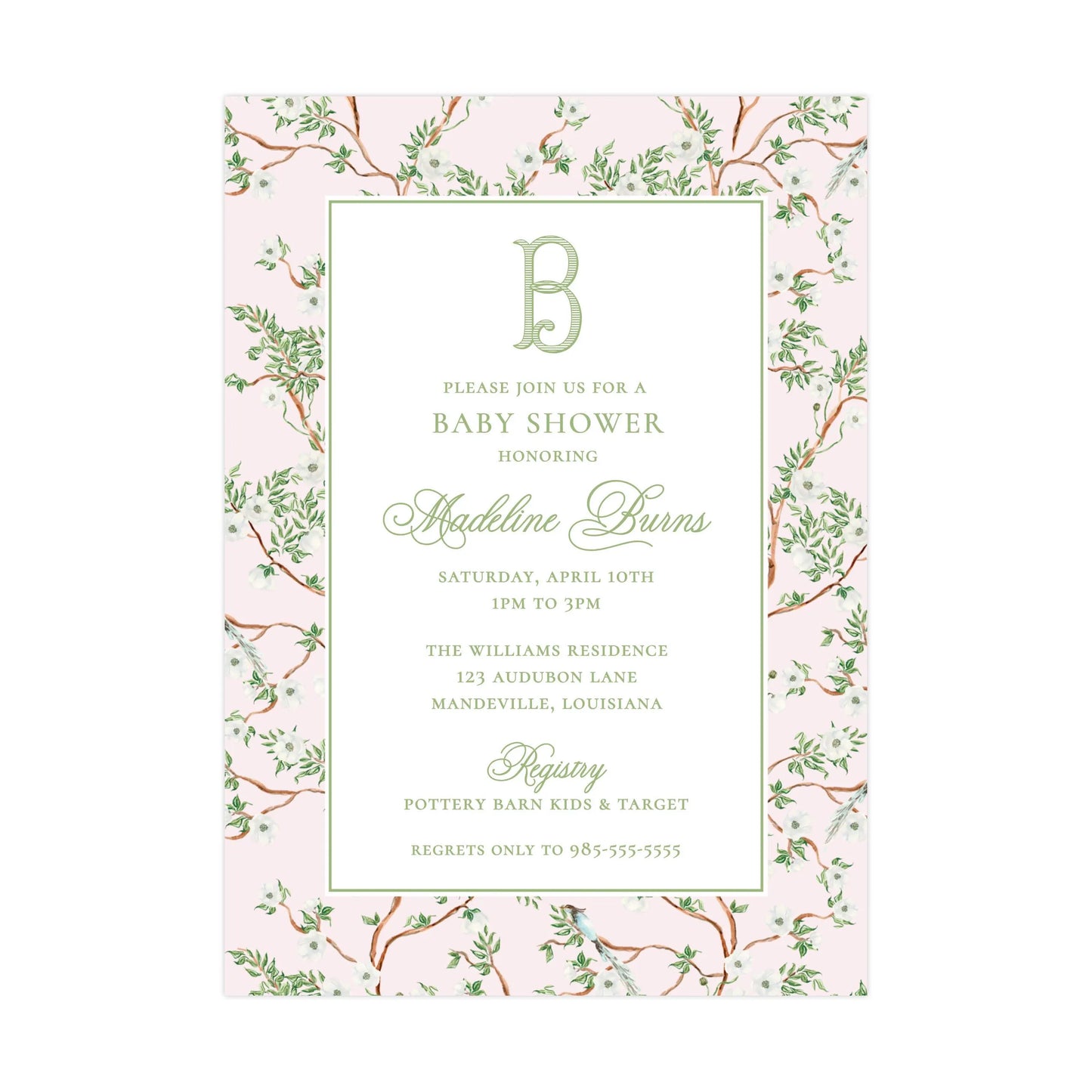 PINK CHINOISERIE WITH ALL WHITE FLOWERS | BABY SHOWER INVITATION