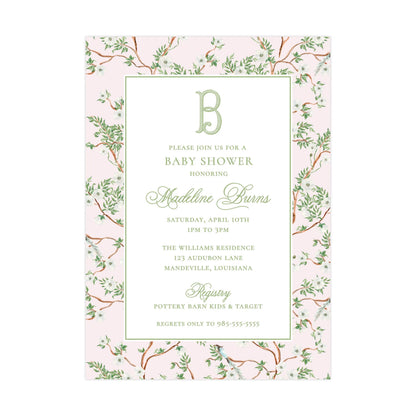 PINK CHINOISERIE WITH ALL WHITE FLOWERS | BABY SHOWER INVITATION
