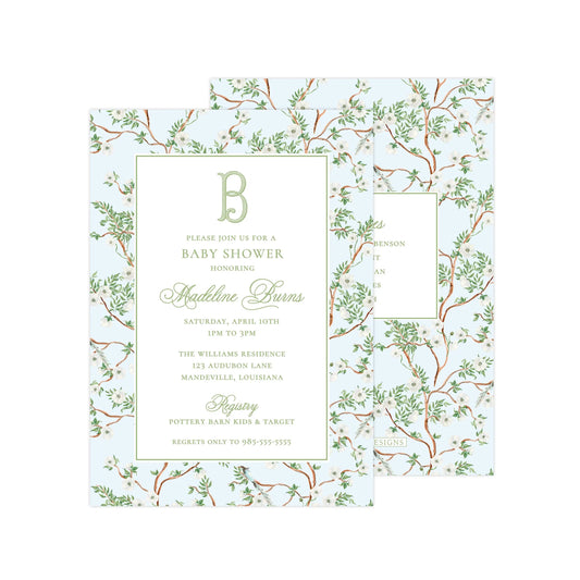 BLUE CHINOISERIE WITH ALL WHITE FLOWERS | BABY SHOWER INVITATION
