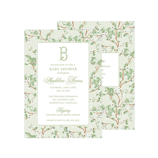 GREEN CHINOISERIE WITH ALL WHITE FLOWERS | BABY SHOWER INVITATION